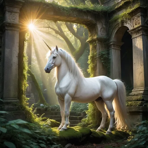 Prompt: Unicorn standing in ancient ruins. Old forest.