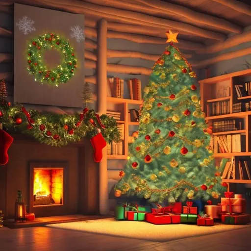 Prompt: Christmas tree with colorful lights, in a cottage, warm fire in fireplace, painting, bright colors