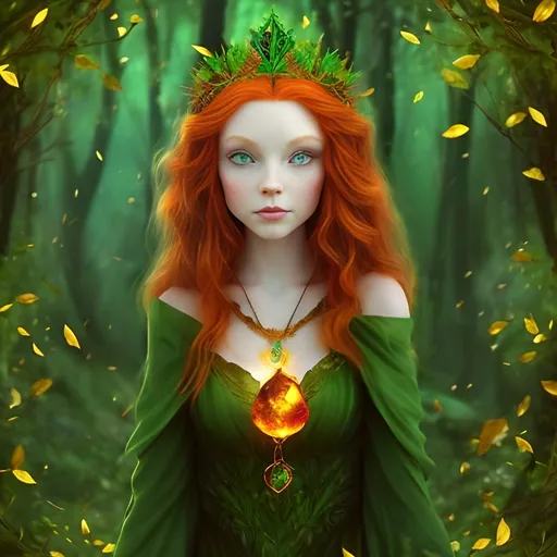 Prompt: a beautiful red haired witch, she wears a green dress, she has a crown of leaves, she has green eyes, she wears an amber locket around her neck, enchanted forest background,  digital art, 