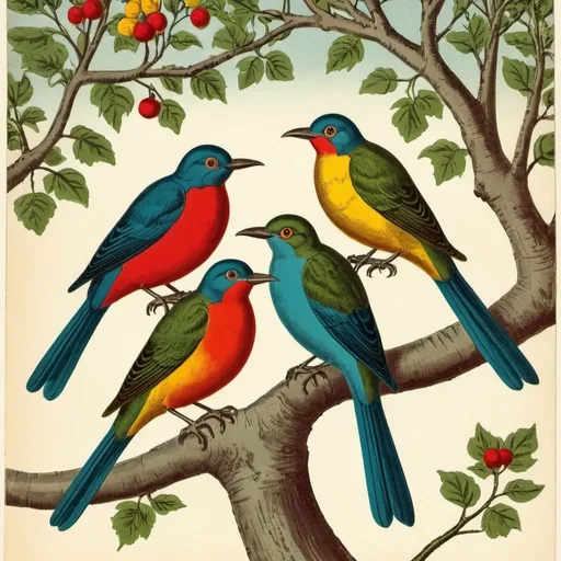 Prompt: Vintage illustration of three colourful birds in a tree