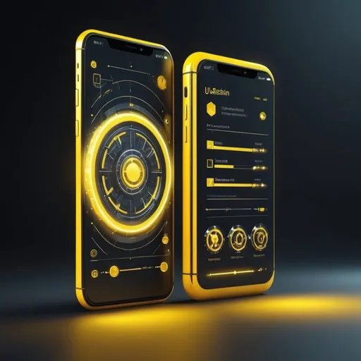 Prompt: 3D yelow of futuristic application mobile development,UI, ux  high tech materials, high quality, 4k, ultra-detailed, futuristic, sci-fi, sleek design, digital, atmospheric lighting without background 