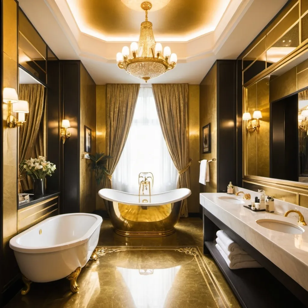 Prompt: Fancy gold hotel bathroom



