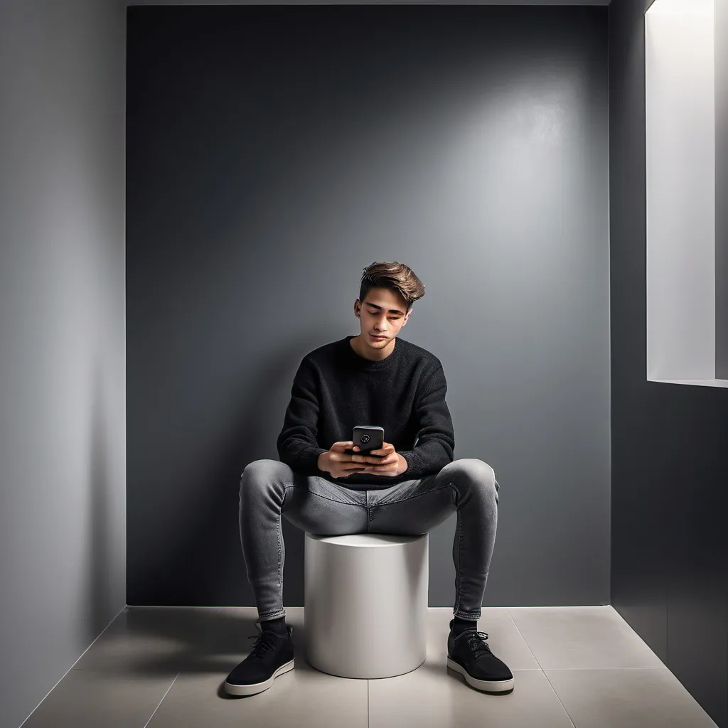 Prompt: In a minimalist restroom setting with stark white walls and a gray floor, a young man sits casually on a cylindrical stool, exuding a relaxed demeanor. His dark sweater contrasts sharply with the bright background, while he captures a selfie with a smartphone, tilting his head slightly, which highlights the playful nature of the moment. The composition emphasizes the simplicity of the environment, with a closed restroom door and a small shelf in the background, creating a sense of privacy. A QR code poster on the door adds a modern touch to the otherwise straightforward scene. The overall mood is informal and light-hearted, suggesting a moment of reflection or fun in an unexpected place.