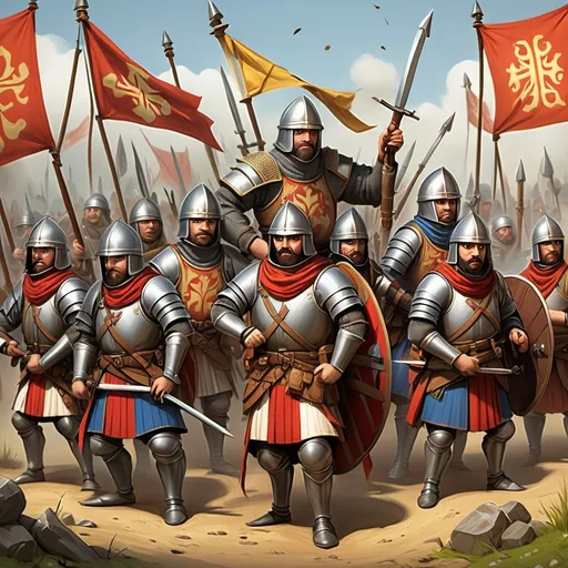 Prompt: (cute but fierce clan picture), human soldiers, (diverse medieval military attire from Europe, England, Persia and Japan, vibrant and dynamic colors, lively poses, camaraderie and strength, detailed craftsmanship, high-quality rendering, (immense loyalty and unity), intricate weapons and banners, engaging background setting such as a medieval battlefield or alliance gathering, ultra-detailed art style, (inked outlines) for sharpness. Flags should be black background with gold coat of arms and krz in the middle