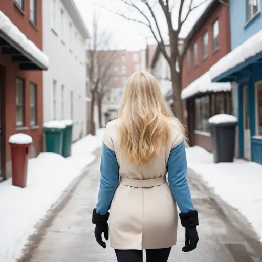 Prompt: A white women with blue eyes with blonde hair, she is walking down a winter street, her backside on full display