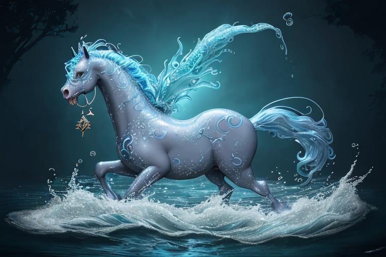 Prompt: A mischievous water spirit that can appear as a beautiful horse or a terrifying creature from the deep. It lures the unsuspecting onto its back and gallops through raging rivers, but can be appeased with offerings of shiny trinkets.