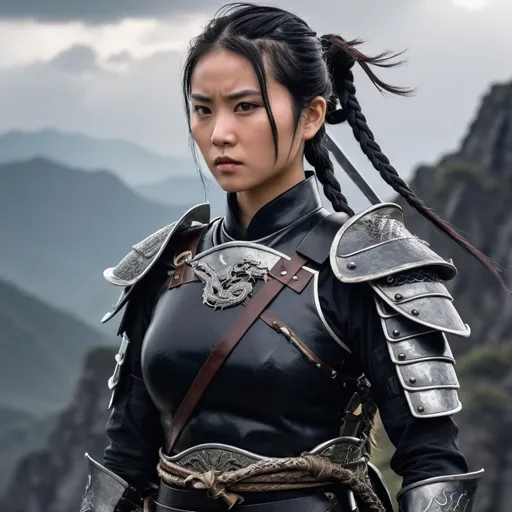 Prompt: A young Asian woman with short, black hair in a warrior braid, clad in sleek, black leather armor adorned with silver dragons. She wields a katana in one hand and a wakizashi in the other, standing defiant on a mountaintop overlooking a storm.