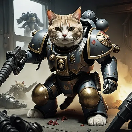 Prompt: Image of a cat in power armor, killing space marine from warhammer 40k

