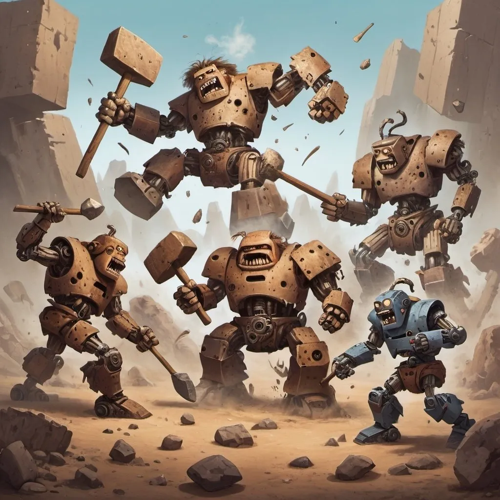 Prompt: four wild cartonish robots dressed like cavemen brutally fight with sticks and stone hammers, gears and robot parts flying everywhere