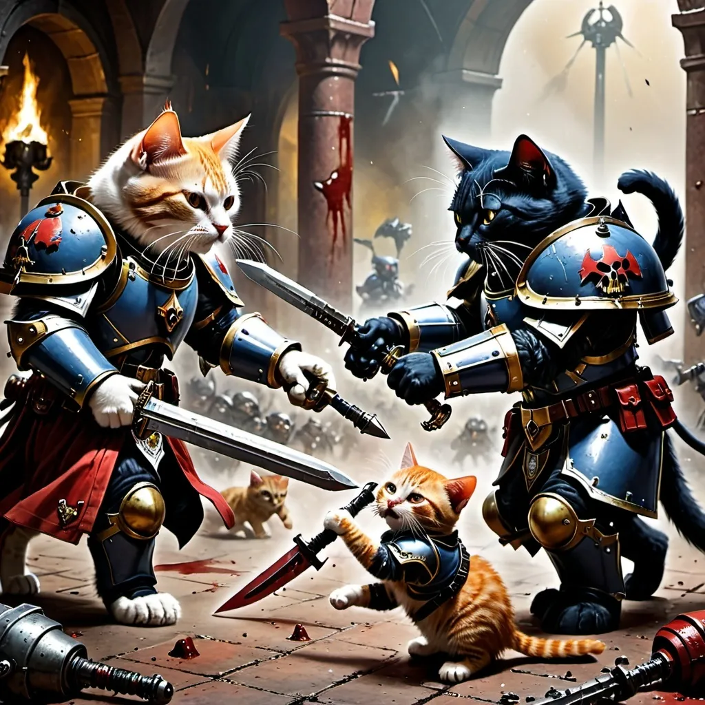 Prompt: Fight between cats in warhammer 40k armours and full spacemarine helmets.  One cat hits with chainsword but other cat blocks hit with its chainsword. Blood and gore everywhere.