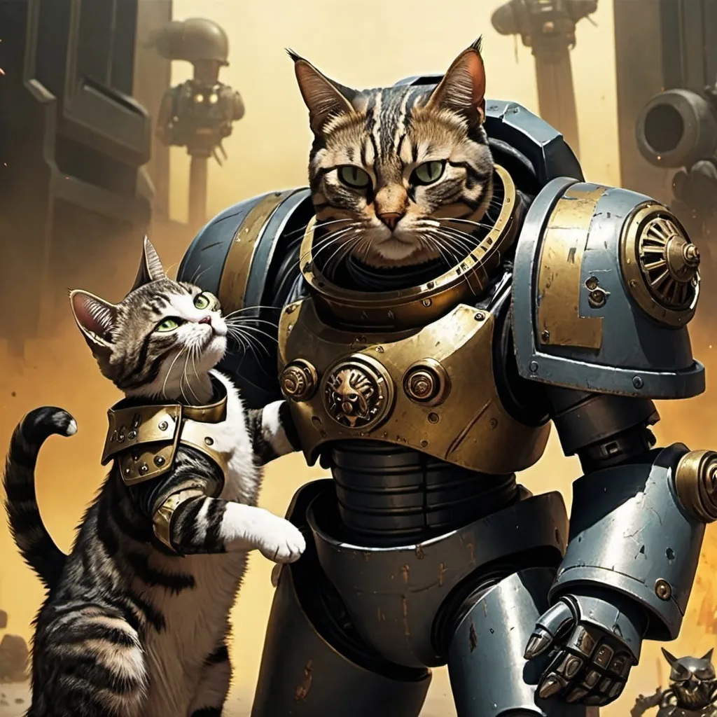 Prompt: Image of a cat in power armor, killing Horus from warhammer 40k

