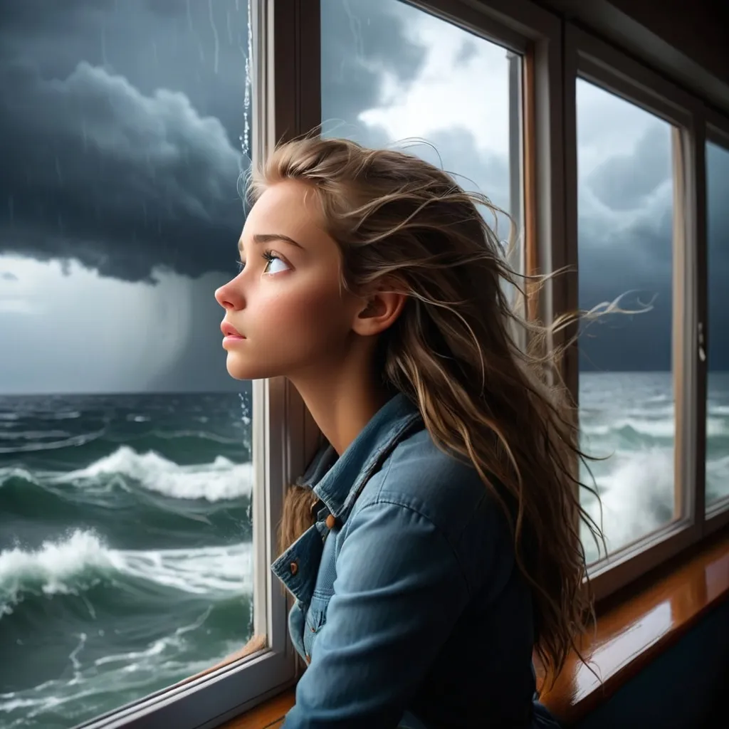 Prompt: a beautiful girl looking out the window open an ocean in a storm