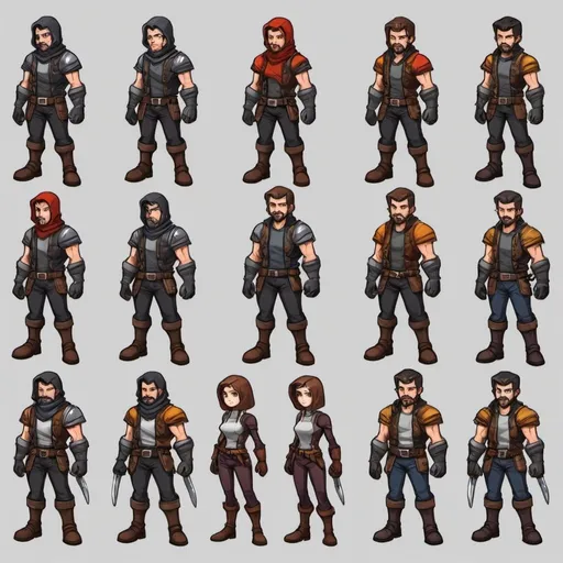 Prompt: Crie um personagem 2D para um jogo de Rogue-like, faça o personagens em várias posições diferentes para sprites
