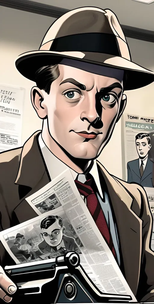 Prompt: Create a comic book image of Tom Halliday, a Manchester Guardian invetsogative reporter, set in 1938
Now show Tom at his typewriter in the busy office of the Manchester Guardian

