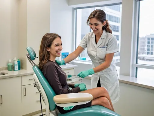 Prompt: Add to the image a smiling female dentist and smiling female patient in the dental chair.