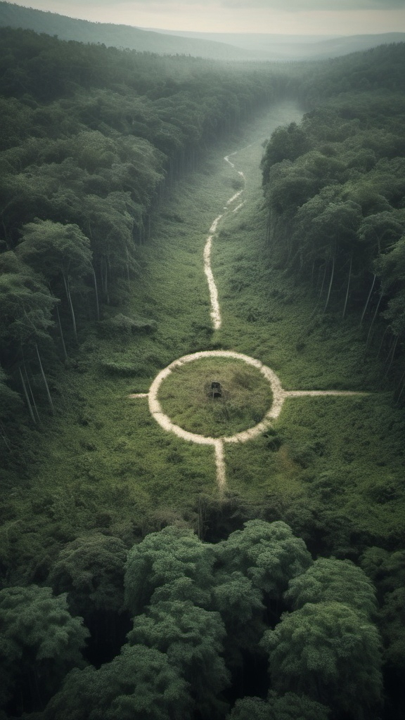 Prompt: a blurred outand faded image of a bird eye view of a rough hunger games arena battlefield with a forest in the background