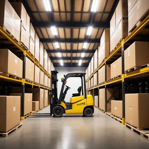 Prompt: 4k picture of the inside of a storage house, with boxes and pallets, white lights on the ceiling. one yellow fork-lift carring a pallet at the center