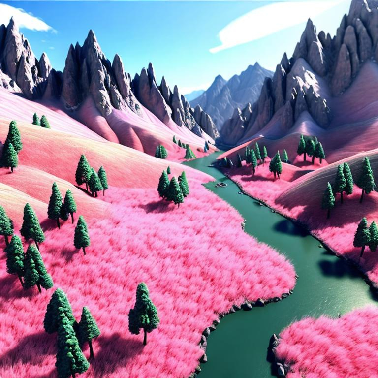 Prompt: A vast mountain landscape where the grass is pink and cheery trees line the mountains. A river runs through a valley between the mountains. Photorealistic sci-fi 