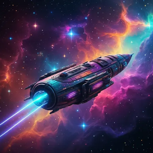 Prompt: Una nave espacial futurista con el logo de Nebulosa Music en el costado, viajando a trav�s de un colorido campo de estrellas.