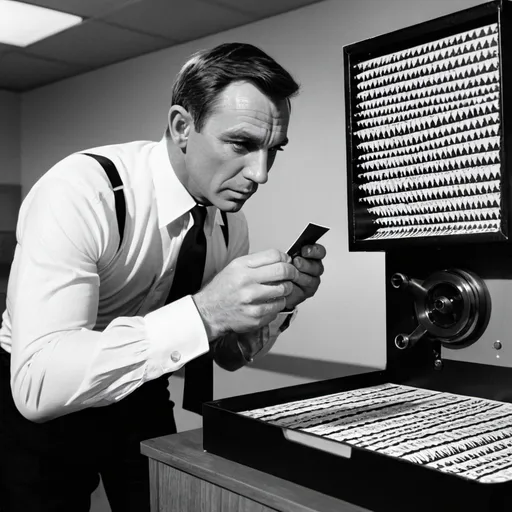 Prompt: James Bond looking at microfilm
