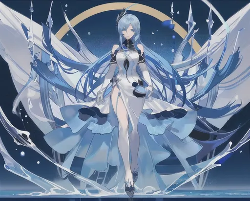 Prompt: Long, bright blue hair cascades down the figure's back, creating a stark contrast to the dark background, while beautiful blue eyes express determination and strength. She wears a form-fitting bodice, complemented by flowing fabric that elegantly wraps her figure, conveying both grace and power. She controls the water like a master.