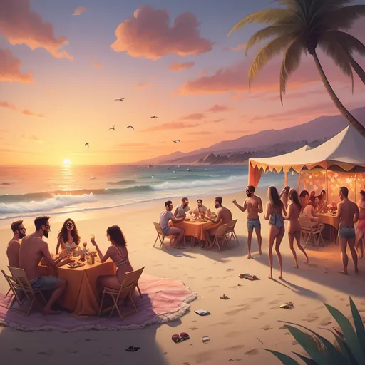 Prompt: Crea una portada donde tengas un atardecer en una playa con gente de fiesta disfrutando que diga Juan Daniel pando