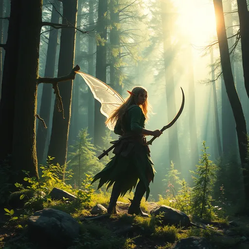 Prompt: Elf ranger in a mystical forest around sunlight