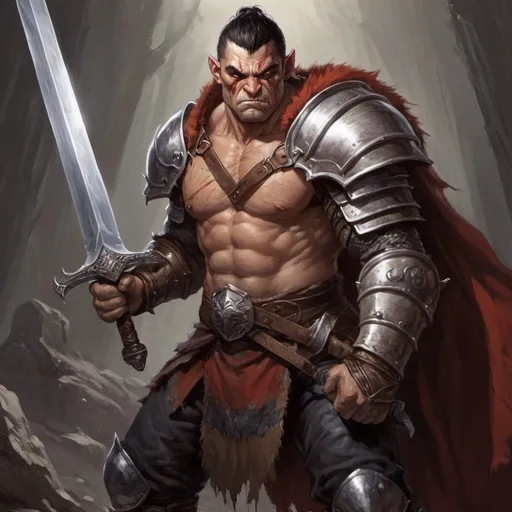 Prompt: half-orc fighter holds one very big sword with his two hands, Berserk like sword, full plate armor like a knight