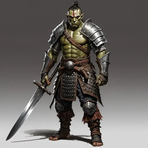 Prompt: half-orc fighter with great sword, full body, heavy armor, samurai, full plate armor, heavy armor, human skin