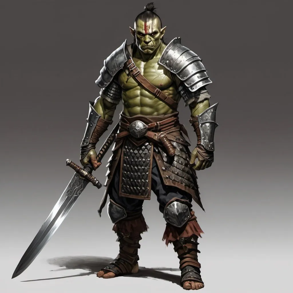 Prompt: half-orc fighter with great sword, full body, heavy armor, samurai, full plate armor, heavy armor, human skin