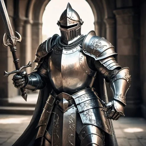 Prompt: Iron knight in standard knight armor, wielding halberd with both hands, metallic sheen, detailed engravings, high quality, fantasy, medieval, dramatic lighting, cool metallic tones, powerful stance, heroic, epic fantasy, intense gaze, no shield