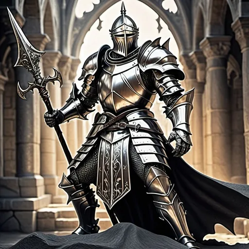 Prompt: Iron knight in standard knight armor, wielding long halberd with both hands, metallic sheen, detailed engravings, high quality, fantasy, medieval, dramatic lighting, cool metallic tones, powerful stance, heroic, epic fantasy, intense gaze, no shield, no helmet, medium black hair, male