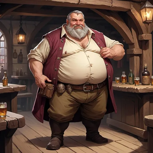 Prompt: dnd tavern owner mid age human with big belly, clothes, full cover