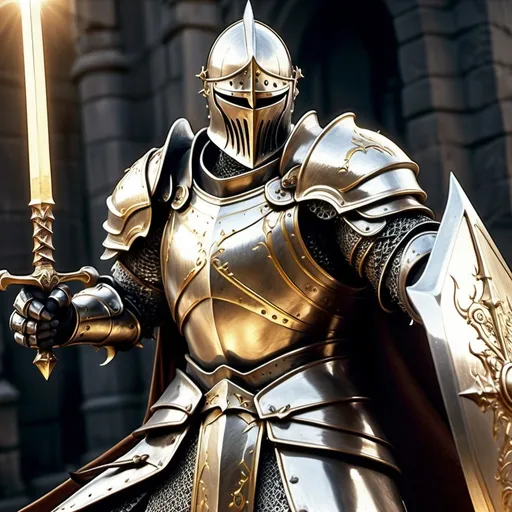 Prompt: Iron knight in standard knight armor, wielding long halberd with both hands, metallic sheen, detailed engravings, fantasy, medieval, dramatic lighting, cool metallic tones, powerful stance, heroic, epic fantasy, intense gaze, no shield, no helmet, medium long dark yellow hair, male, open face, no mask, full face