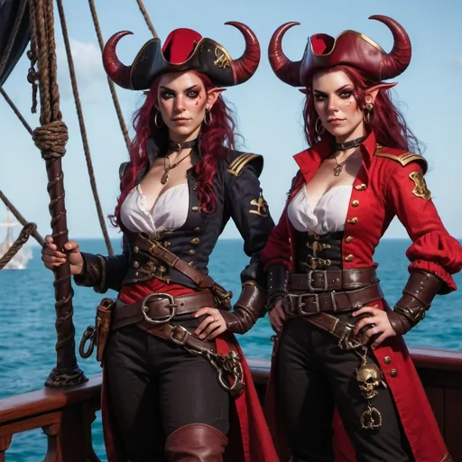 Prompt: tiefling twins sisters pirate captain, two identical sisters, dnd, horns, red skin, background sea and ship, no scar