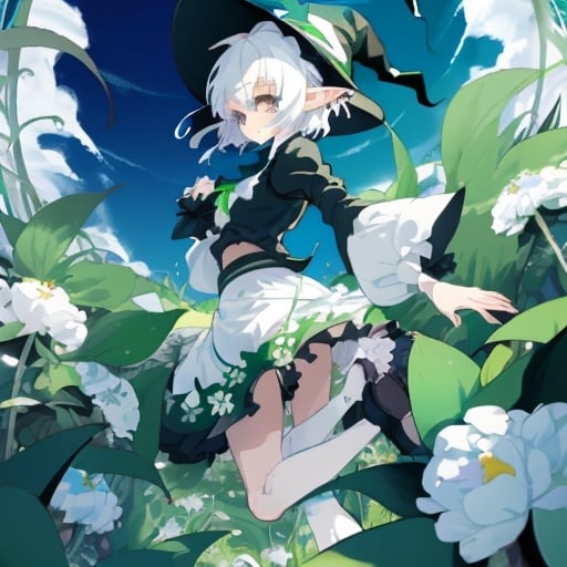 Prompt: anime girl dune jumping flowers white hair long bony tails elf white skirt black shirt witch hat
blue sky