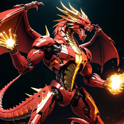 Prompt: Anime cyberpunk style,mecha red dragon, spitting fire from the mouth, big muscles, flying, gold aura, full body,  night background, highly detailed, HD, dark background