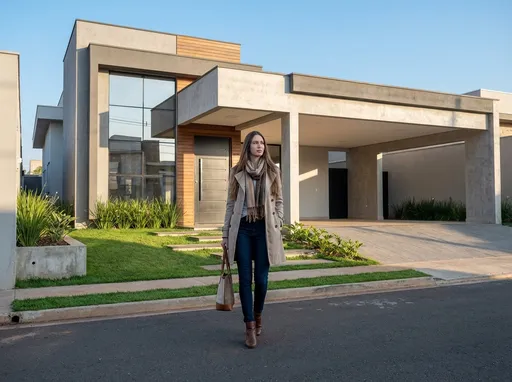 Prompt: Tall young woman walking down the high street, detailed clothing, realistic, natural lighting