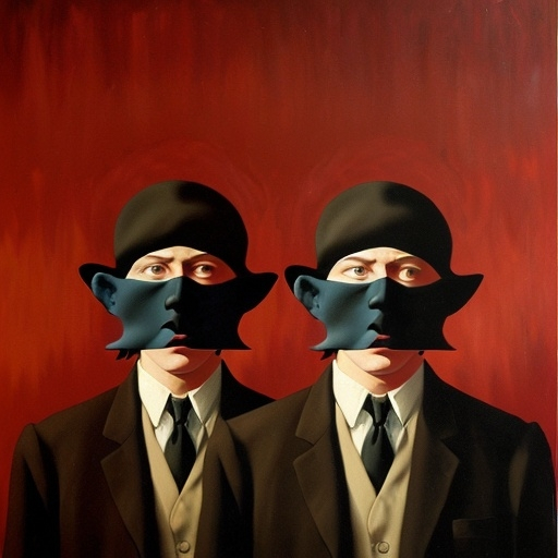 Prompt: ARTT style Rene Magritte art style mixed , with angels and devils ,  , oil on canvas , noise  effect , very high quality , red background 