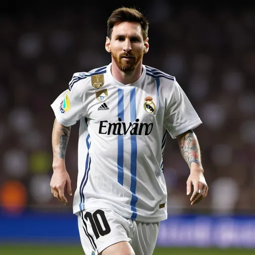 Prompt: Lionel Messi with Real Madrid Jersey