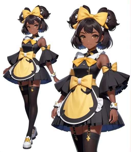 Prompt: UHD, highest quality, best quality, character concept art, genshin impact, genshin impact character concept art, character concept art, cyber lolita dress, dark skin, brown skin, cute dark skin girl, black hair, 4c hair, short hair, afro puffs, light yellow eyes, loli, knee-length stockings, cute school shoes, highly stylized (genshin impact), genshin concept art