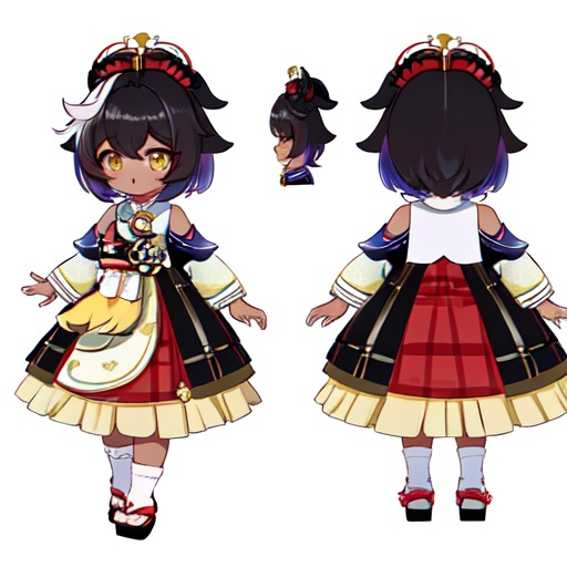 Prompt: UHD, highest quality, best quality, character concept art, genshin impact, genshin impact character art, character concept art, plaid uniform dress, dark skin, brown skin, cute dark skin girl, black hair, 4c hair, short hair, afro puffs, light yellow eyes, loli, wearing sandals, highly stylized (genshin impact), genshin concept art