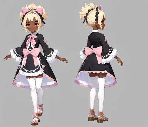 Prompt: UHD, highest quality, best quality, character concept art, genshin impact, genshin impact character art, character concept art, pink lolita dress, dark skin, brown skin, cute dark skin girl, black hair, 4c hair, short hair, afro puffs, light yellow eyes, loli, wearing sandals, highly stylized (genshin impact), genshin concept art