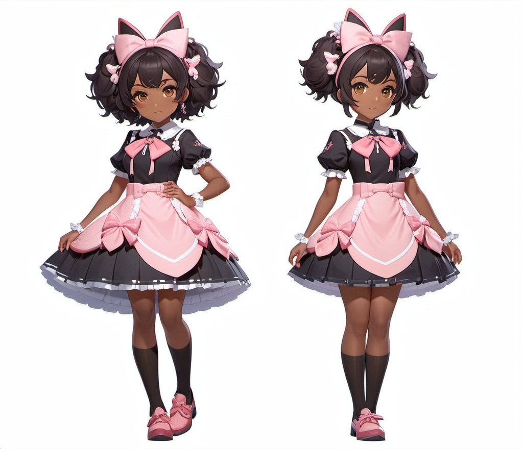 Prompt: UHD, highest quality, best quality, character concept art, genshin impact, genshin impact character concept art, character concept art, pink lolita dress, dark skin, brown skin, cute dark skin girl, black hair, 4c hair, short hair, afro puffs, light yellow eyes, loli, knee-length stockings, cute school shoes, highly stylized (genshin impact), genshin concept art