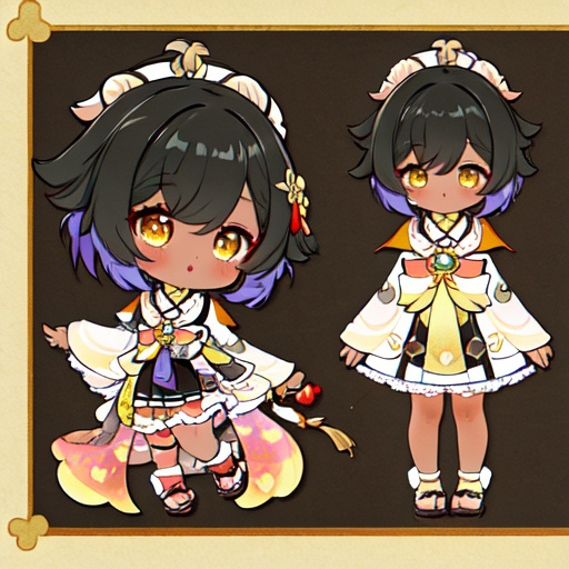 Prompt: UHD, highest quality, best quality, character concept art, genshin impact, genshin impact character art, character concept art, plaid uniform dress, dark skin, brown skin, cute dark skin girl, black hair, 4c hair, short hair, afro puffs, light yellow eyes, loli, wearing sandals, highly stylized (genshin impact), genshin concept art