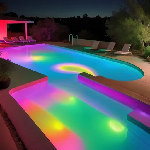 Prompt: curvy, thick, robust bryce dallas  howardon the pool under colorfull ligths in the dark
