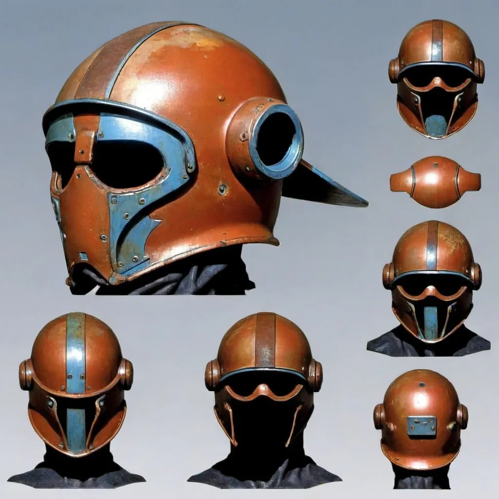 Prompt: cheap rusty helmet  painted by moebius model sheet







