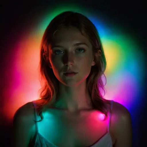 Prompt: ellie williams under colorfull ligths in the dark 