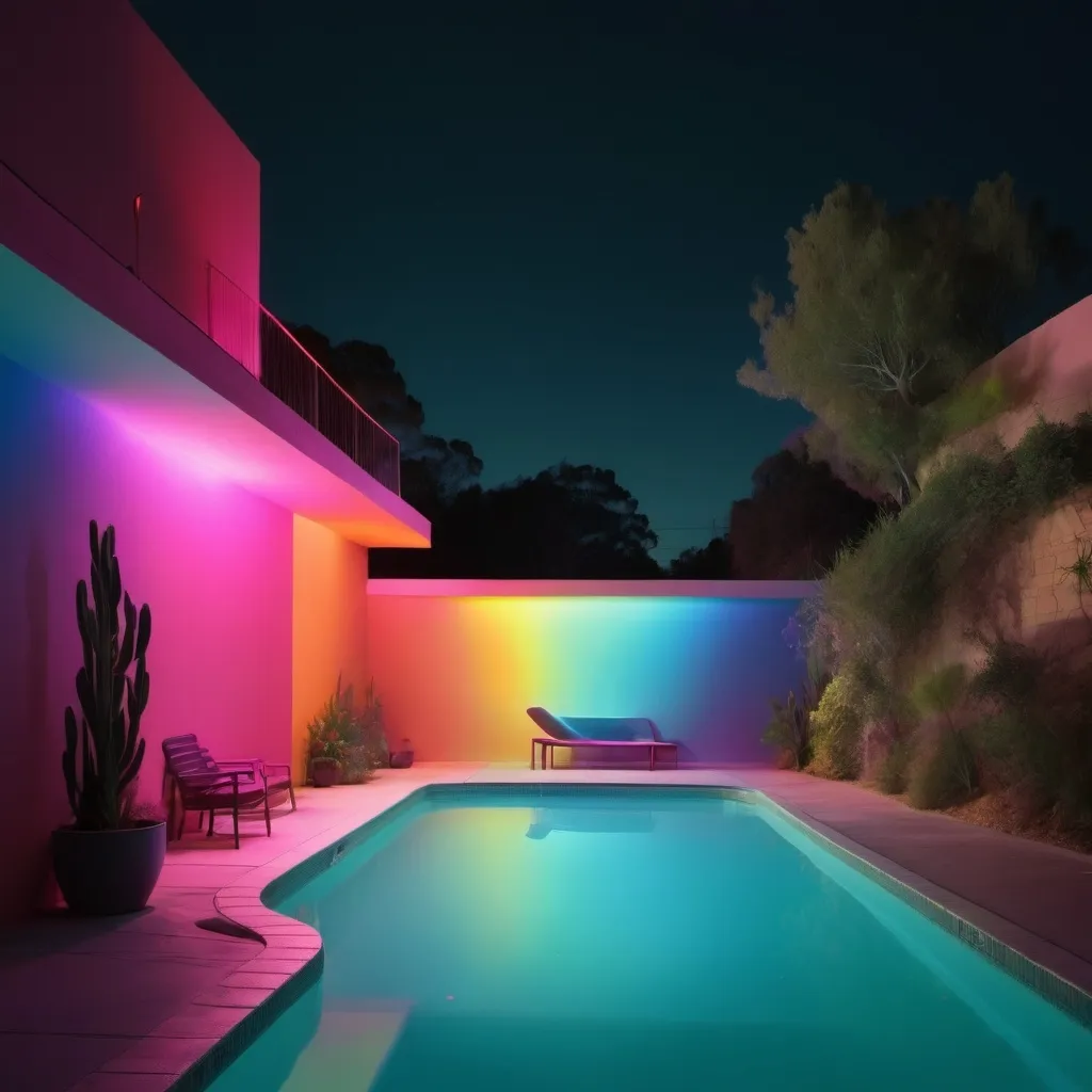 Prompt: curvy, thick, robust bryce dallas  howardon the pool under colorfull ligths in the dark
