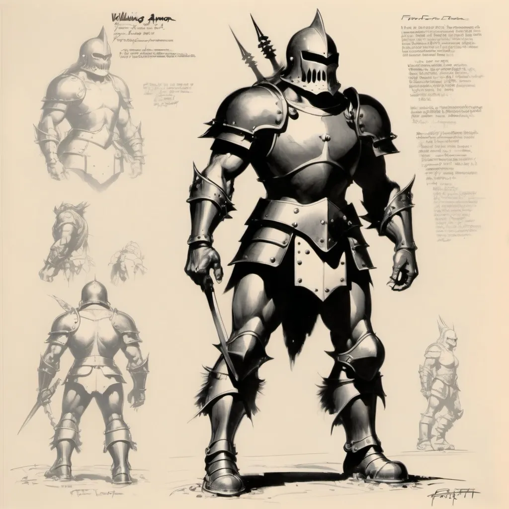 Prompt: walking armor painted by frank frazetta model sheet







